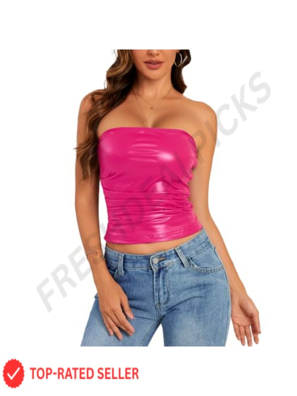 PU Faux Leather Tube Top Strapless Ruched Bandeau Party Club Outfit